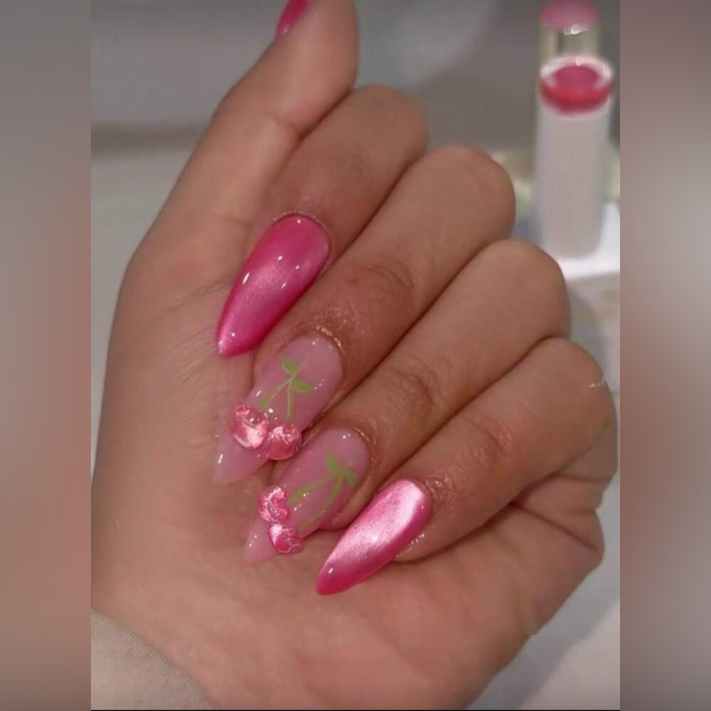 New Arrivals! 3D Pink Cherry Press on Nails